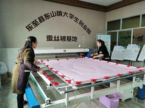 四川省乐至县东山镇方广村周苹苹返乡创办旺亿生态园，成为乐至网红打卡地。图为周苹苹正在制作蚕丝被  付杨 摄.jpg