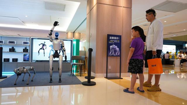 图1  顾客在丹尼斯大卫城等待操作智能机器人和机器狗。新华社记者刘振坤 摄.jpg